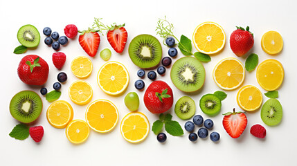 Top view of colorful assortment fresh summer fruit on white background. Mixture of different slices ​​fruits: lemon, strawberry, kiwi, blueberries, raspberries and mint leaves. Ai generated