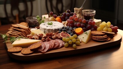 Elegant charcuterie board with an assortment of cheeses, meats, and crackers.