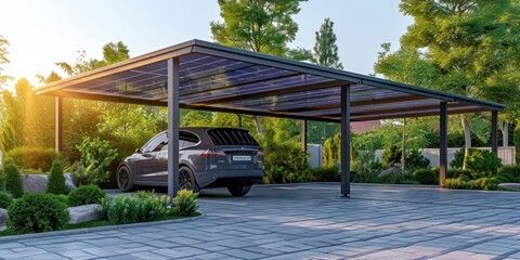 The solar carport is equipped for parking public vehicles. Generative Ai. - obrazy, fototapety, plakaty