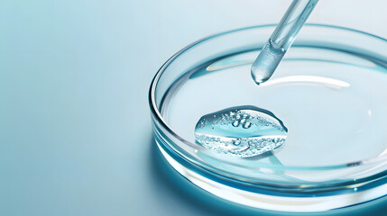 Pipette with sample of cosmetic product in petri dish on blue background, selective focus - obrazy, fototapety, plakaty
