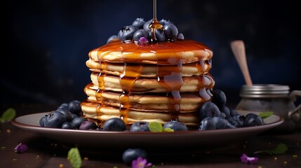 Fluffy blueberry pancakes stacked high and drizzled with maple syrup.