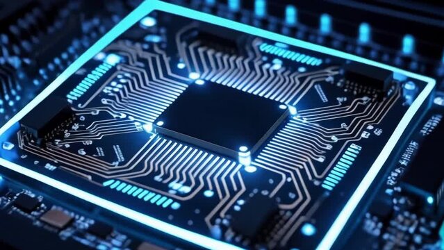 Futuristic CPU on motherboard close-up. Technology background. AI generated loop.