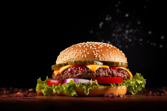 Tasty burger, Homemade beef burger with crispy bacon and vegetables on rustic serving board, wooden table isolated on dark background.GEnerative AI