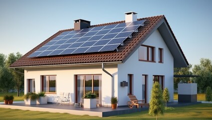 Modern Eco-Friendly Home with Solar Panels Overlooking a Pool - Generative AI