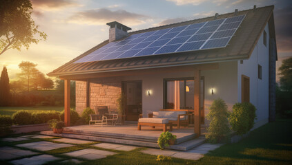 Obraz premium Sustainable Modern Living: Eco-Friendly House with Solar Panels - Generative AI