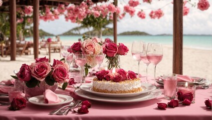Naklejka premium a luxurious birthday dinner on a tropical beach Adorned with beautiful rose flowers and trendy pink accents