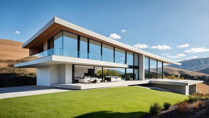 A modern, minimalist home with sleek lines and large windows, set against a backdrop of rolling hills and a bright blue sky. generative AI
