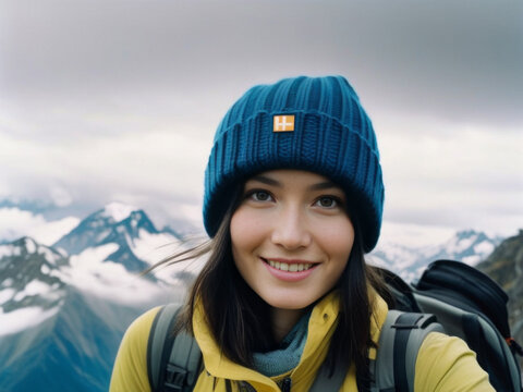Happy smiling girl - tourist on a hiking trip in warm clothes and with a backpack on the background of snowy mountains on a foggy day.