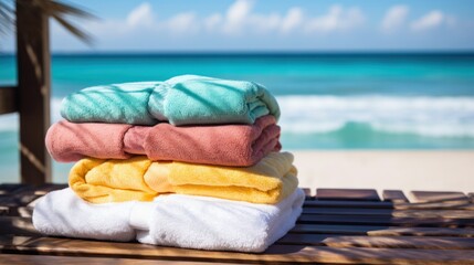 Towels are neatly arranged on a wooden table with a backdrop of a tropical beach.