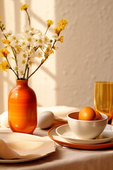 Bright yellow table setting with simple white spring blossoms in a vase, accompanied by a harmonious arrangement of eggs and tableware.
