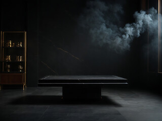 Empty black marble table podium with the black stone floor in a dark room with smoke design.