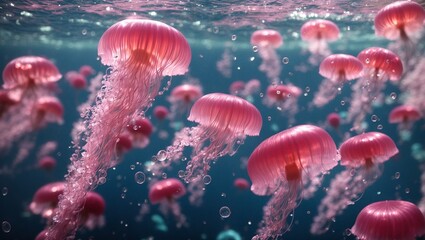  pink transparent jellyfishes swimming underwater of blue sea with bubbles