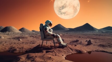 Astronaut in a suit sits on the surface of a planet in a chair. Resting after the flight. - obrazy, fototapety, plakaty