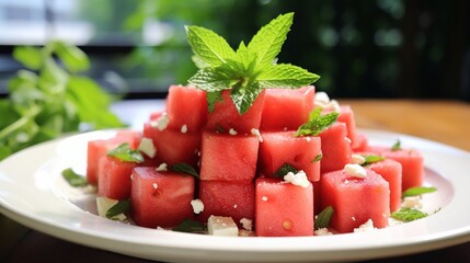 Refreshing watermelon and feta salad with mint leaves for a burst of flavor.