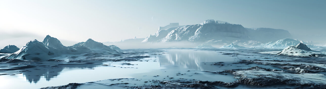 an arctic landscape in an area with some water, in the style of photo-realistic landscapes, surreal 3d landscapes 