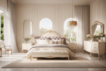 french interior home design of modern bedroom with luxurious all-white bed