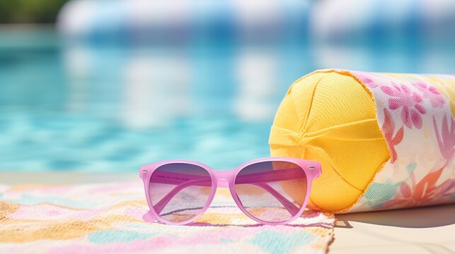 Sunglasses on swimming pool background with bokeh sun light.