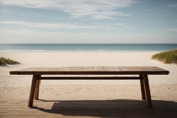 Fototapeta na wymiar a long wooden table with beach landscape