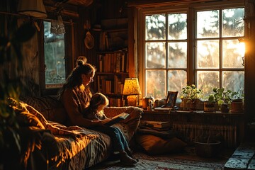 Fototapeta na wymiar grandmother reading book out to her granddaughter 