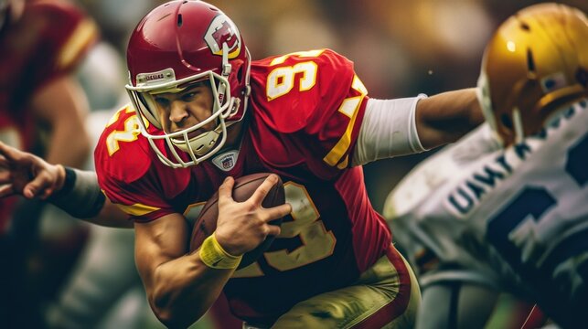 American Football Championship. Teams Ready: Professional Players, Aggressive Face-off, Ready For Pushing, Tackling. Competition Full Of Brutal Energy, Power.