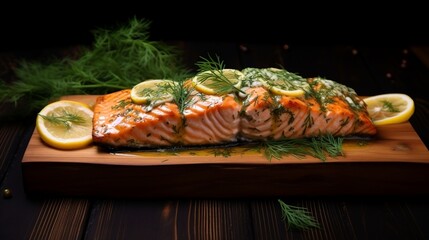 Succulent grilled salmon fillet with a flavorful dill and lemon marinade.