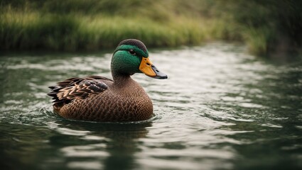 Obraz premium The mallard duck glides across the liquid.