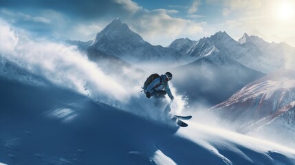 Against the backdrop of pristine snow-capped peaks, a snowboarder carves an exhilarating tale on this canvas.