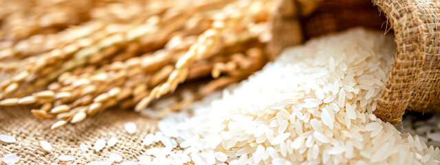 Organic white rice grains spilling from a wooden spoon onto burlap with rice stalks in the backdrop, highlighting agricultural produce.
