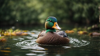 mallard duck swims through the water,