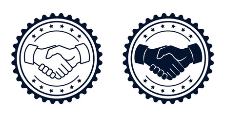 Stamp, logo with handshake for contract, agreement. The concept of concluding a deal, contract, agreement, successful negotiations. Linear isolated black and white drawing. Vector illustration.