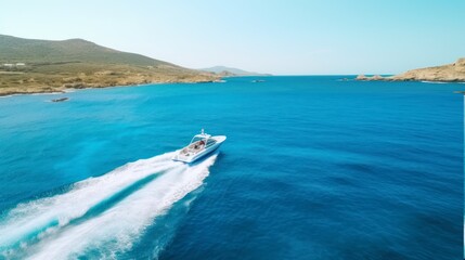 Fototapeta premium Aerial drone ultra wide photo with copy space of luxury rigid inflatable speed boat cruising in high speed in Aegean deep blue sea,