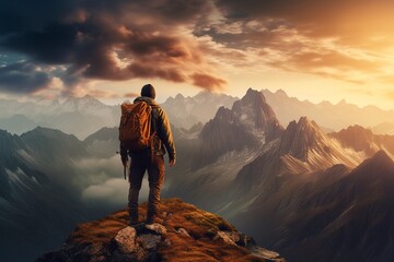 hiker with a backpack standing on the top of the mountain