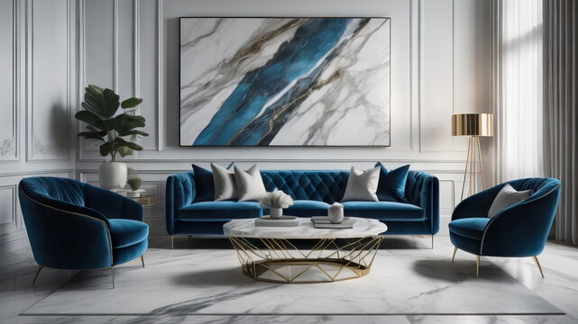  Marble coffee table near blue velvet sofa and armchair. Interior design of modern living room