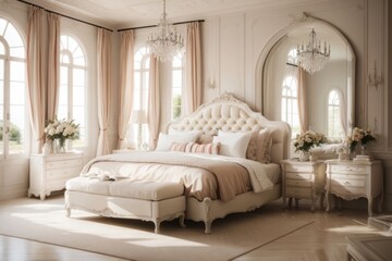 french interior home design of modern bedroom with luxurious all-white bed