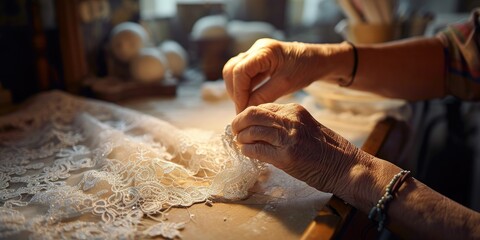 Close-up shots of lace-making artisans at work