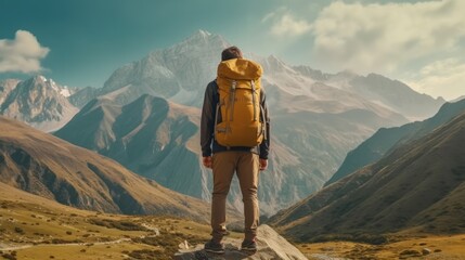 Obraz premium A young man looking at a big beautiful mountain that he is going to climb, An alpinist or a climber looking towards a big rock wall that he is going to climb.