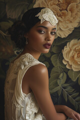 Elegant Flapper in Beaded Gown with Vintage Headpiece Against Luxurious Floral Backdrop
