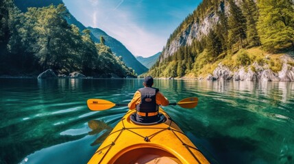 Mature man looking away while rowing on a lake against the sky, with forest and mountain views. - obrazy, fototapety, plakaty