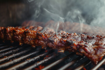 Smoky Barbecue Ribs: A Rack of Tender Ribs Glazed with a Glossy BBQ Sauce on the Grill