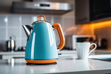 Electric kettle and cup on kitchen table
