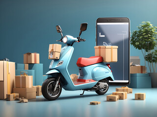 Fast delivery concept with scooter coming with packages through the smartphone screen 3D Rendering, 3D Illustration design. - obrazy, fototapety, plakaty