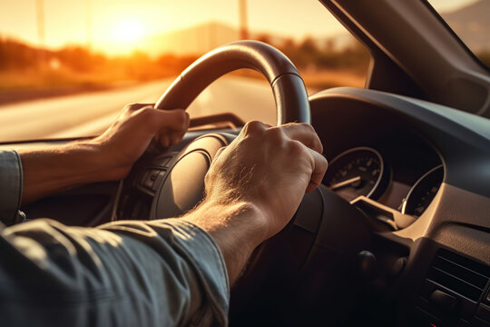 Driver's hands on steering wheel and driving on a road