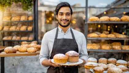 Proud male baker standing confidently outside his urban bakery, embodying the spirit of small business 