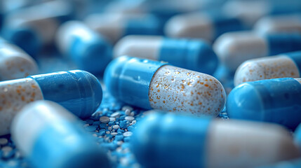 an arrangement of blue and white pills, in the style of minimalist backgrounds, light gray and cyan, motion blur panorama