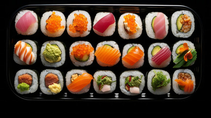 Sushi set on black background. Sushi art. Beautiful serving traditional Japanese food. Rice and fish.
