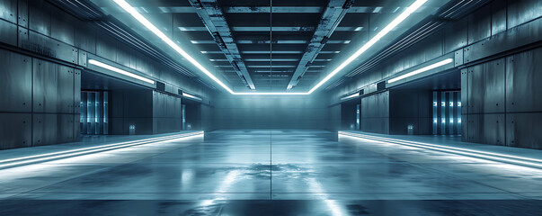 an empty building with concrete walls and steel lights, in the style of matte background, large-scale canvas, futuristic, dark silver and light blue
