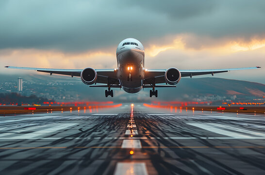 an airplane taking off from the runway of an airport, stock photography