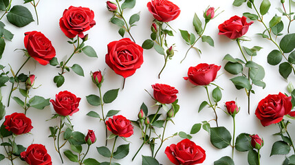 Beautiful red roses and buds on white background with space for text. Top view, flat lay, generative ai