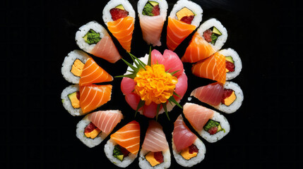 Sushi on black background in in kaleidoscope style. Sushi art. Beautiful serving. Traditional Japanese food. Rice and fish.