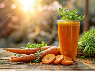 Zumo natural de zanahoria fresca recién cortada junto rodajas de zanahoria en una mesa de madera en vaso de cristal